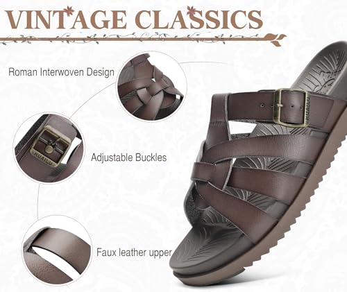 Image of KuaiLu Gladiator Sandals for Women with Comfortable Arch Support Summer Beach Walking Fisherman Slides Boho Outfits Flats Slip on Cushion Shoes Indoor Outdoor