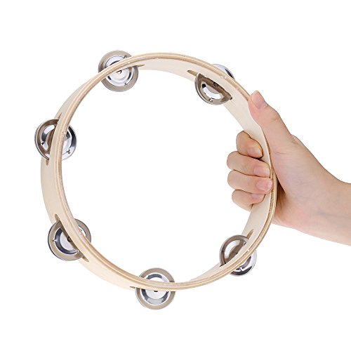 ROYHH 8" Hand Held Wood Headless Tambourine Bell with Metal Single Row Jingles and Wood Quality Educational Musical Percussion for Party Dancing Games