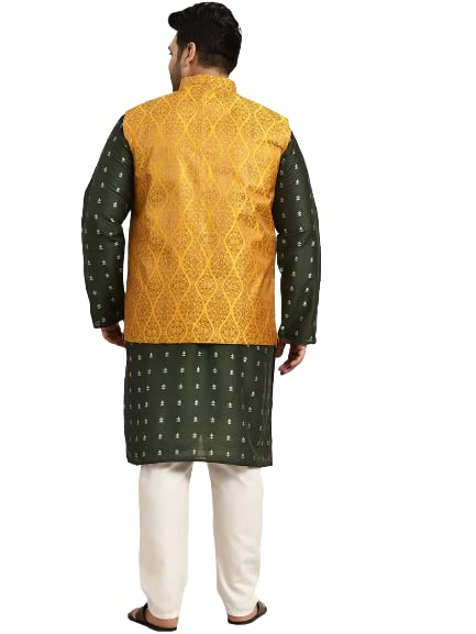 Sojanya Men's Silk Blend Dark Green Kurta & Silk Blend Nehrujacket With White Churidar Pyjama Set2