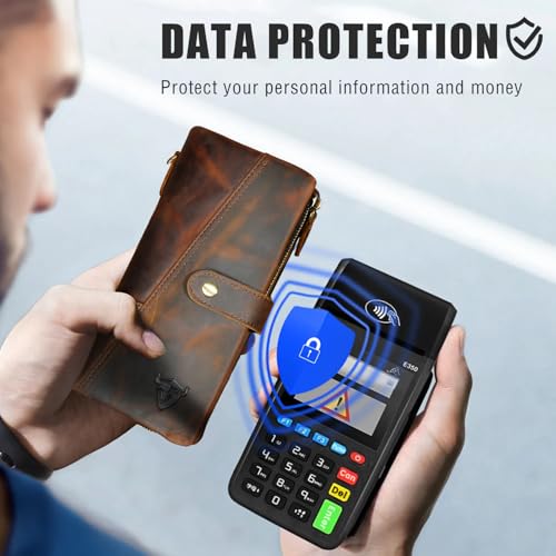 Image of Genuine Crazy Horse Leather Travel Gift Coin Pocket Card Case Long Organizer Chain Rfid Wallet Purse With Snap For Men Male 1803 1815 (1803 Brown-No Chain)