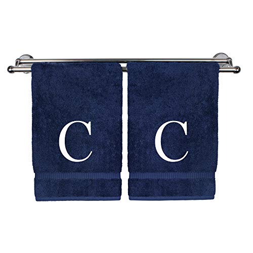 Monogrammed Hand Towel, Personalized Gift, Set of 2- White Block Letter Embroidered Towel - Extra Absorbent 100% Turkish Cotton - Soft Terry Finish - Initial C Navy