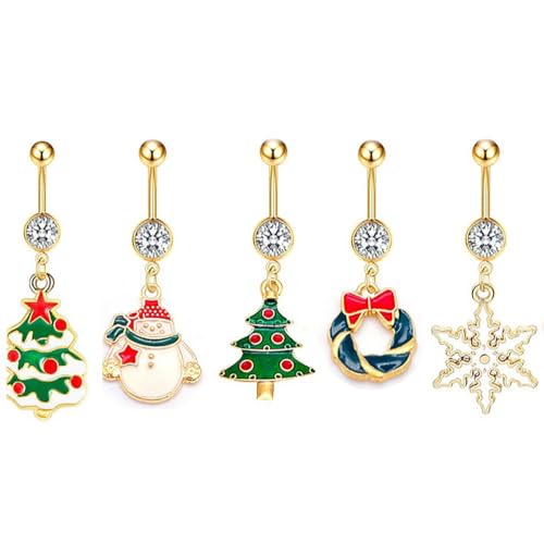 Niaspi 5Pcs 14G Christmas Dangle Belly Button Rings for Women Stainless Steel Christmas Tree Wreath Snowman Snowflake Belly Navel Barbell Rings Xmas Belly Piercing Jewelry by Niaspi - Used condition - US$5.22