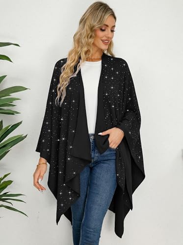 Image of Womens Rhinestones Open Front Poncho Shawl Wrap Cape Ruana Travel Blanket Cardigan