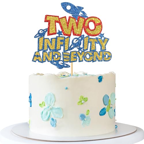 Topper per torta con scritta "Two Infinity & Beyond", per 2° compleanno, 2 anni, decorazione per feste di compleanno con spazio esterno, blu glitterato