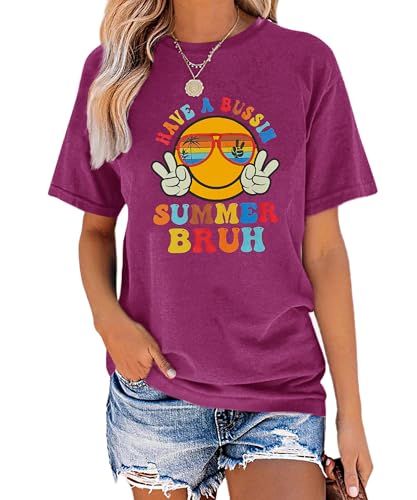YZMI Have A Bruh Summer Bruh Shirt Last Day of School Teacher Shirt Funny Short Sleeve Teacher Clothing Purple M