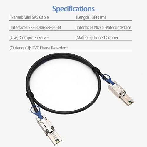 RamboCables Mini SAS SFF-8088 to SFF-8088 Cable 3ft(1m) 6G External, Mini SAS 26pin (SFF-8088) Male to Mini SAS 26 (SFF-8088) Male Cable 100-Ohm