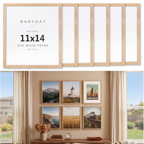 Barydat 6 Pack 11x14 Wood Picture Frames, Natural Oak Solid Wood, Gallery Wall & Tabletop Decor for Home, Nursery, Family Photo, Office, Graduation, Wedding, Birthday, Artwork, Certificates Display