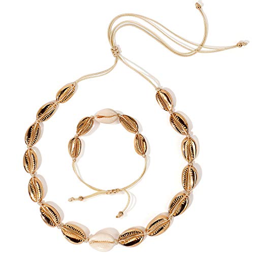 Bascolor Collar Conchas y Pulsera Conchas 2 Piezas Joyas para Mujer Niña Vintage Choker Pulsera Ajustable Cordón Collar Gargantilla Conchas Verano Playa Bohemio Collares Pulseras Regalo Joyeria Set