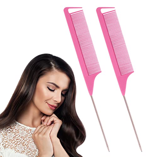 2 Pcs Pink Carbon Rat Tail Combs Pin Tail Comb 100% Anti Static 230℃ Heat Resistant Metal Parting Combs for Hair Styling Barber Salon Hairdressing Tools