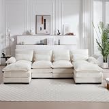 GNIXUU U Shaped Cloud Couch, 110' Chenille Comfy 4 Seat Sectional Couches for Living Room, Modular Sofa Sleeper with Double Chaise & Memory Foam for Apartment(Beige)