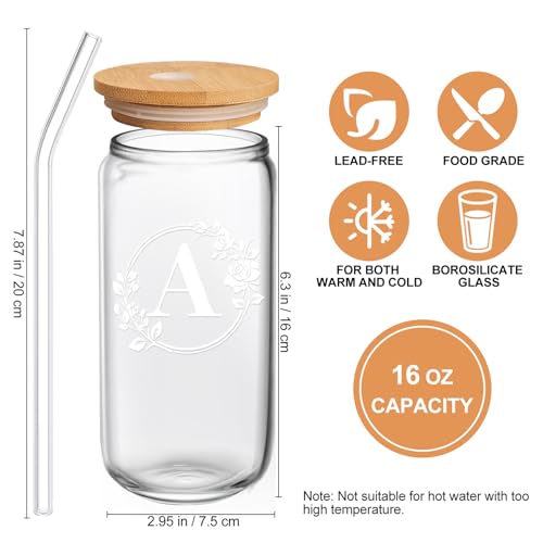 Birthday Gifts for Women, Monogrammed Initial Glass Cup Personalized Gifts for Women, 16oz Glass Cups with Lids and Straws, Iced Coffee Cup, Beer Can Shaped Glass - Gifts for Mothers Day, Christmas, A