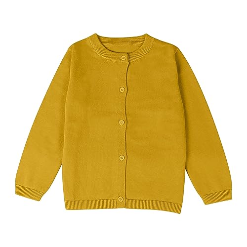 Girls Classic Knit Cardigan School Uniform Sweater Crewneck Button Front Outerwear Kids Girls Solid (Yellow, 2-3 Years)