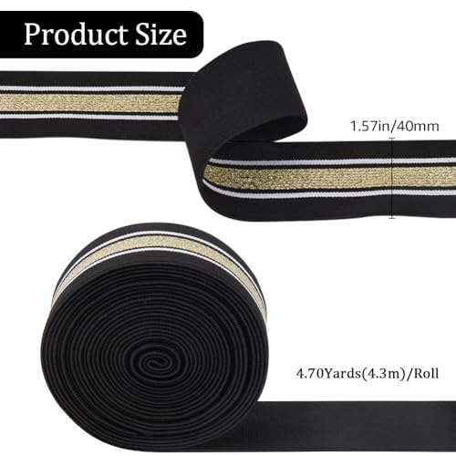GORGECRAFT 4.3m 40mm Wide Gold and White Striped Elastic Band Black Flat Stretchy Webbing Sewing Knitting Strap Trim Ribbon for DIY Craft Waistband Headband Bags Garments Accessory - Image 2