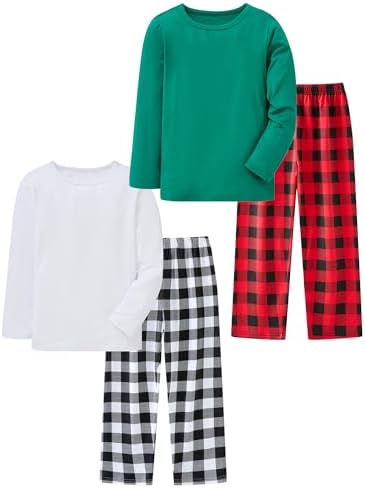 LOLPIP Jungen Pyjamas 4-teiliges Set Kinder Kleidung Stretch gerippte Baumwolle Nachtwäsche Weiß Top Karierte Hosen Nachtwäsche 3-11 Jahre