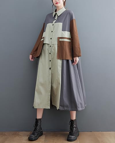 Image of ellazhu Women's Shirt Dress Button Down Lapel Color Block Two Side Pockets Loose Oversize Fall GZ246