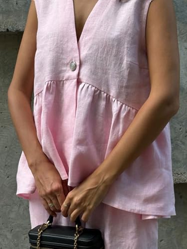 CHARTOU Women's Cotton Pants Sets 2 Piece Outfits V Neck Button Vest Wide Leg Palazzo Casual Work Suits3