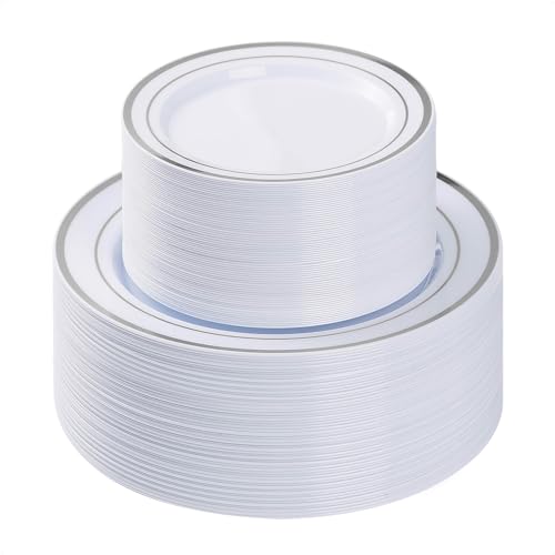 BESTVIP 100PCS Silver Plastic Plates, Disposable Party Plates with 50 Dinner Plate and 50 Dessert Plate for Party, Wedding and Birthday