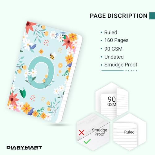 Image of Initial O Premium Soft Bound Notebook Diary for Girls and Women (B6, 90 GSM, 160 Ruled Pages) Floral Design Notebook Journal Diary
