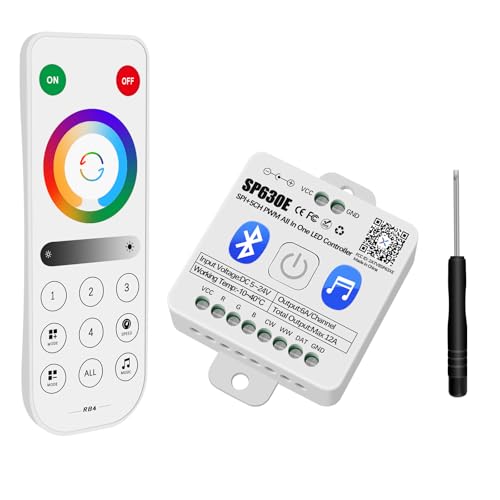 RGBZONE Bluetooth LED Controller, SP630E 4 Zones 2.4GHz RF Remote & APP Control, DC5V-24V LED Controller Support FCOB COB SMD PWM or SPI RGB RGBW WS2811 WS2812B WS2814 SK6812 IC etc Light Strips