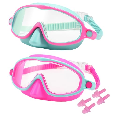 MKEOIEAU 2 Pack Kids Swimming Goggles with Nose Cover Anti-Fog UV Protection Wide View Adjustable Swim Goggles for Boys Girls Youth 3-15