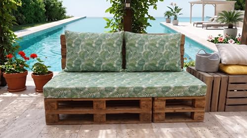 RUICOR TEXTIL SL Set de 3 Cojines para Sofá de Palets Exterior, Estampado Tropical, 50% Algodón 50% Poliéster, Asiento 120x80 cm y 2 Respaldos 70x55 cm