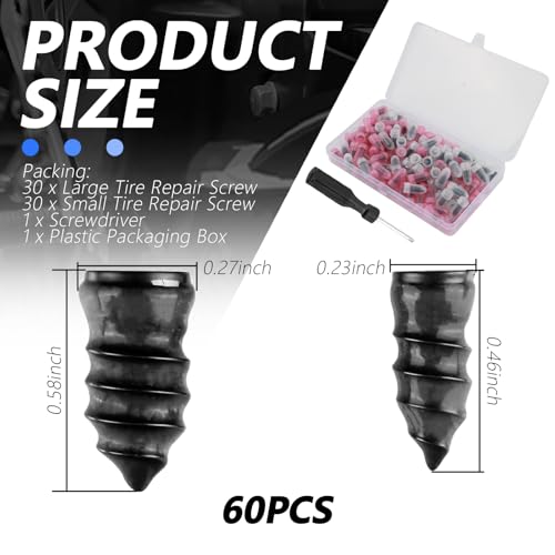 Image of 60PCS Tire Plug Kit,Self-Service Flat Tire Repair Kit Including Screwdriver,Upgraded Thickened Adhesive-Covered Tires Repair Screws for Sudden Flat Tyres Emergencies (60PCS)