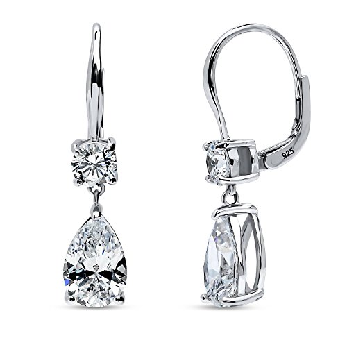 Berricle Sterling Silver Solitaire 3.6 Carat Pear Cut Cubic Zirconia Cz Leverback Anniversary Dangle Drop Earrings For Women, Rhodium Plated #TOP15