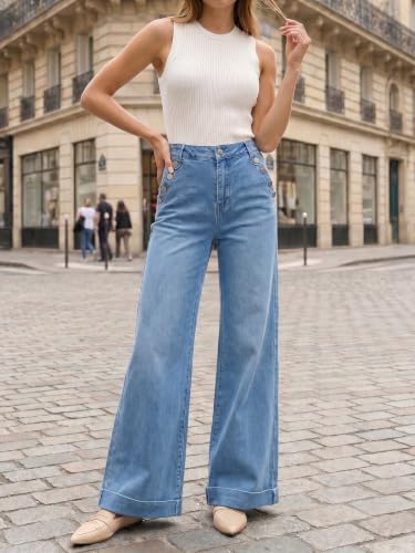 Flowyair Womens Wide Leg Jeans High Waisted Button Casual Denim Pants - image 6