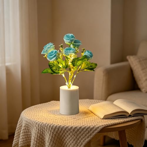 Artificial Blue Rose Flower Lamp, LED Table Night Light Decor for Bedroom Bar Coffee Shop, Anniversary Mothers Day Christmas Birthday Gifts for Women Mom Girlfriend Wife Aunt Friend Granddau