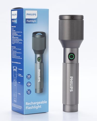 PHILIPS 24W Torch Light Zoomable 2000mAh Handheld Flashlight Rechargeable and Stepless Dimming 1000 Lumens 900M Coverage Portable Led Flash Light for Home Camping Hiking Emergency (1 Pack)