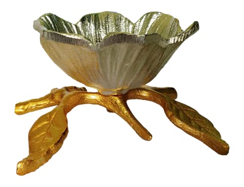 Image of Elegant German Silver Flower Bowl With Gold Leaf Stand - Premium Mixed Nuts, Candy & Dried Fruits Gift Set For Festive Snacking ,?0.2 L