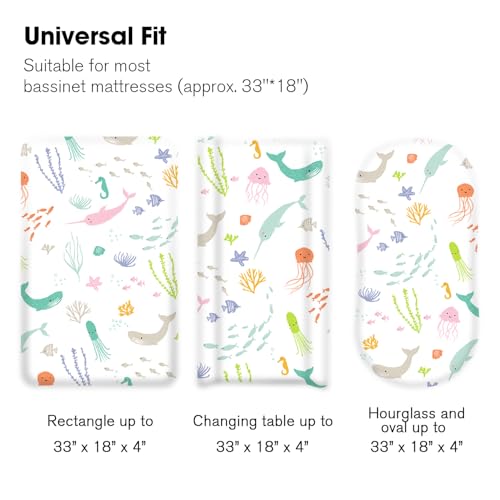 Image of Little Grape Land Bassinet Sheets 3 Pack, 33 inch x 18 inch Fitted Bassinet Sheets Up to 4 inch Deep Pocket, Ultra Soft Baby Bassinet Fitted Sheets for Bassinet Mattress, Ocean Friends