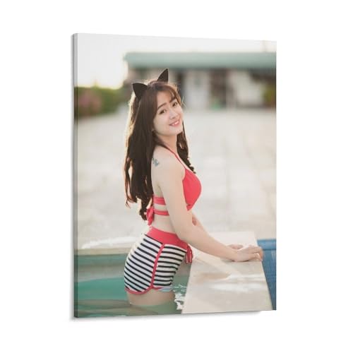 Playful Poolside Canvas Wall Art Woman in Red Bikini with