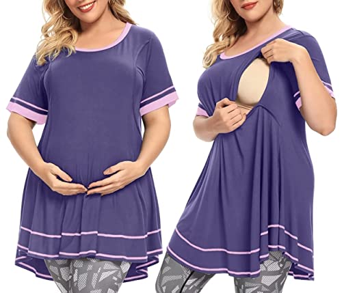 Image of MONNURO Women's Short Sleeve Casual Plus Size Nursing Maternity Clothing Swing Tunic Tops Loose Breastfeeding Shirts