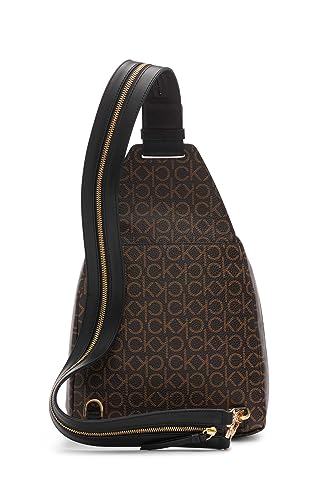Image of Calvin Klein Women's Millie Backpack for Women - Vegan Leather Monogram Backpack, 2 Pockets, Brown /Khaki /Black, One Size