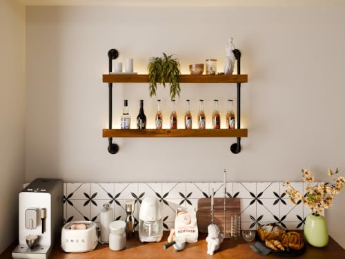 Image of Bar Shelves, Wall Mounted Wine Rack, Walnut Brown, 36 Inch | 2 Tier, Industrial, Solid pine shelves, black pipe brackets, 40 lbs per shelf, wine, liquor, bar decor, with LED light