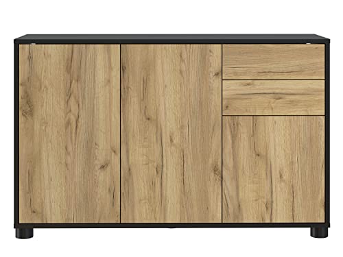 PEGANE Buffet, Commode avec 3 Portes et 2 tiroirs, Noir Mat/Chêne Nature - Longueur 117 x Hauteur 74 x Profondeur 37.5 cm