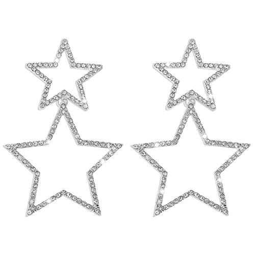 Star Earrings for Women Dangling Rhinestone Big Star Dangle Earrings Hypoallergenic Silver Sparkle Crystal Stars Charms Drop Earrings Stud Fashion Jewelry