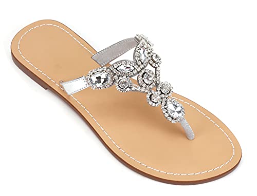 Image of Women's Rhinestone Flat Sandals, Women Flip Flops with Clip Toe RingBeadeed Rhinestone Crystal Jeweled Sandal Shoes for Summer Beach Oceanside Holiday Outdoor
