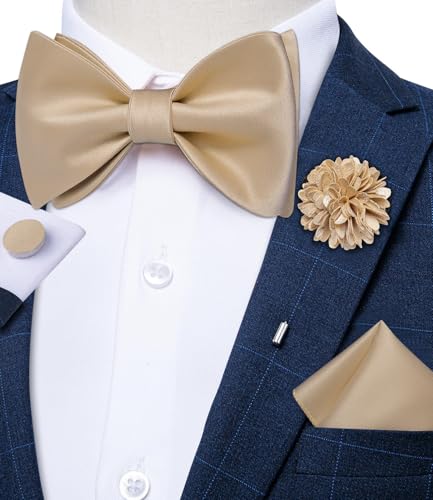 Image of DiBanGu Satin Bow tie Self-Tied Bowtie Set for Men Wedding Prom | Solid Color,Skin-Friendly,Versatile Accessory,Lapel Pin,Pocket Square,Cufflinks,School Dance,Banquet,Dinner,Celebration