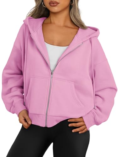 Trendy Queen Zip Up Hoodies For Women Oversized Sweatshirts Fall Fashion Outfits 2025 Cropped Pullover Sweaters Y2k Fleece Jackets Comfy Gym Tops Teen Girls Clothes Pink S