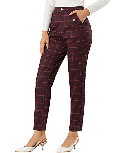 Allegra K Women's Vintage Tartan Plaid Pants Elastic Waist Straight Long  Trousers X-Small Burgundy at Amazon Women's Clothing store