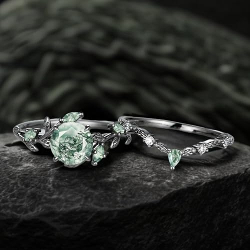 Round Cut Moss Agate Engagement Ring Set for Women 1.5Ct Natural Moss Agate Wedding Ring Set Sterling Silver 10K 14K 18K Gold Bridal Rings Set Size 4-123