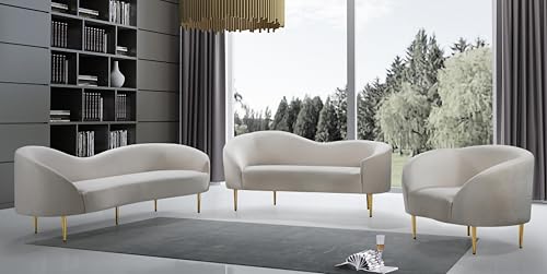 Image of Rosewood Luxury Curved Sofa in Premium Velvet-Fabric | Solid Wood Structure | High Density Foam | Sturdy Golden Legs | Comfortable & Stylish Couch for Modern Living Room (Cream, 3 Seater)