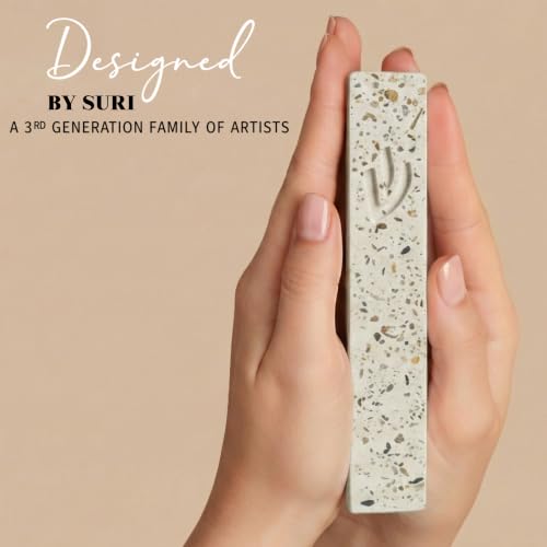 Image of SURI Mezuzah Case - 5 Inch Terrazzo Cream and Pink Concrete Jewish Door Mezuza Cover with Non Kosher Scroll, Self-Stick Adhesive, Fits a 4 Inch Scroll, Gift Box Included