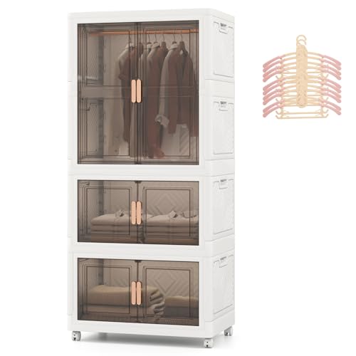 Image of COSTWAY Portable Wardrobe with 10 Retractable Hangers, 421L Foldable Plastic Clothes Cabinet with Doors and 4 Wheels, Mobile Collapsible Stackable Storage Boxes Containers Closet Organizer for Bedroom