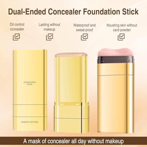 Luminous Dual-Ended Concealer Foundation Stick,Korean Full Coverage Foundation Stick,3-In-1 Long-Lasting Foundation with Concealer & Brush,Sweat-Resistant Finish for All Skin Types(#2 Skin Tone)
