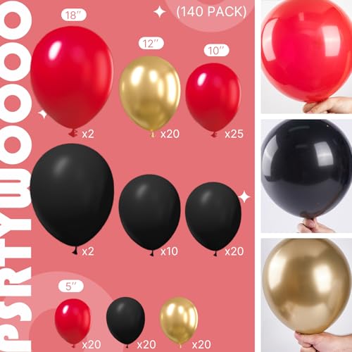 Image of PartyWoo Red Black Gold Balloons, 140 pcs Red Black and Chrome Gold Balloons Different Sizes Pack of 18 Inch 12 Inch 10 Inch 5 Inch for Balloon Garland as Graduation Decorations, Party Decorations