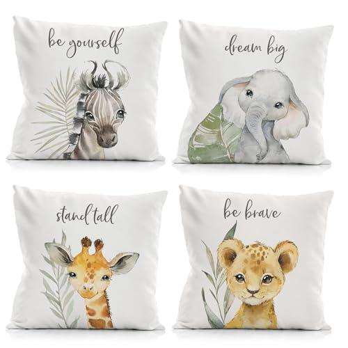 Image of LUVADIAN Woodland Animals Nursery Pillow Covers 18x18 Set of 4, Woodland Nursery Decor for Boy Girl, Cute Zebra Elephant Giraffe Lion Pillow Covers for Nursery Kids Room Playroom Classroom Decor