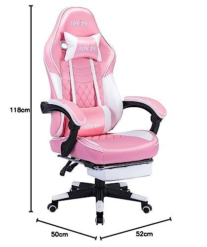 Image of SUKIDA Pink Gaming Chair with Footrest - Game Chair for Adults, Massage Lumbar Support Ergonomic Video Gamer Chairs Leg Rest, Computer Height Adjustable Headrest Backrest Recliner Esports, White